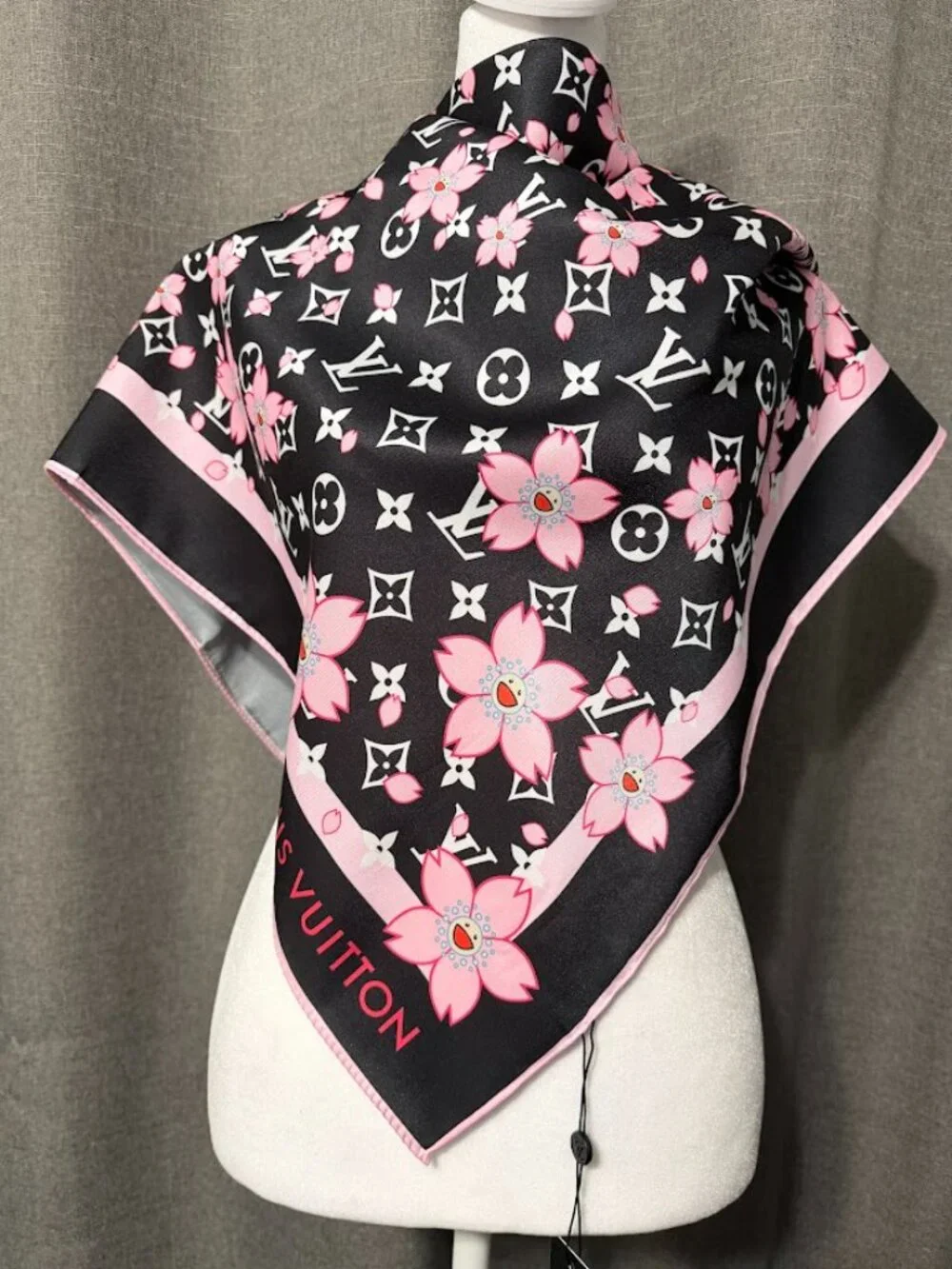 Black Pink Floral Monogram 100% Silk Scarf 35x35 Large Square